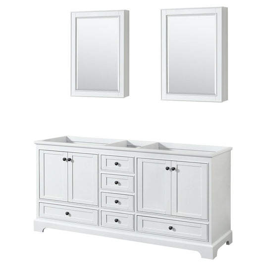 Wyndham Collection Deborah 72" Double Bathroom Vanity in White, No Countertop, No Sinks, Matte Black Trim, Medicine Cabinets