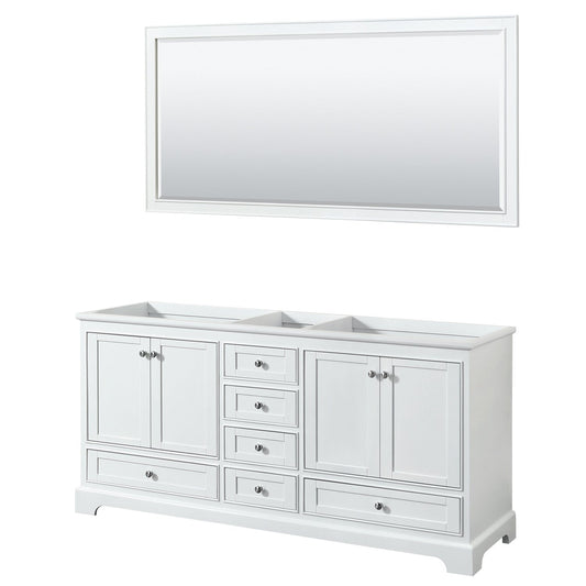 Wyndham Collection Deborah 72" Double Bathroom Vanity in White, No Countertop, No Sinks, and 70" Mirror