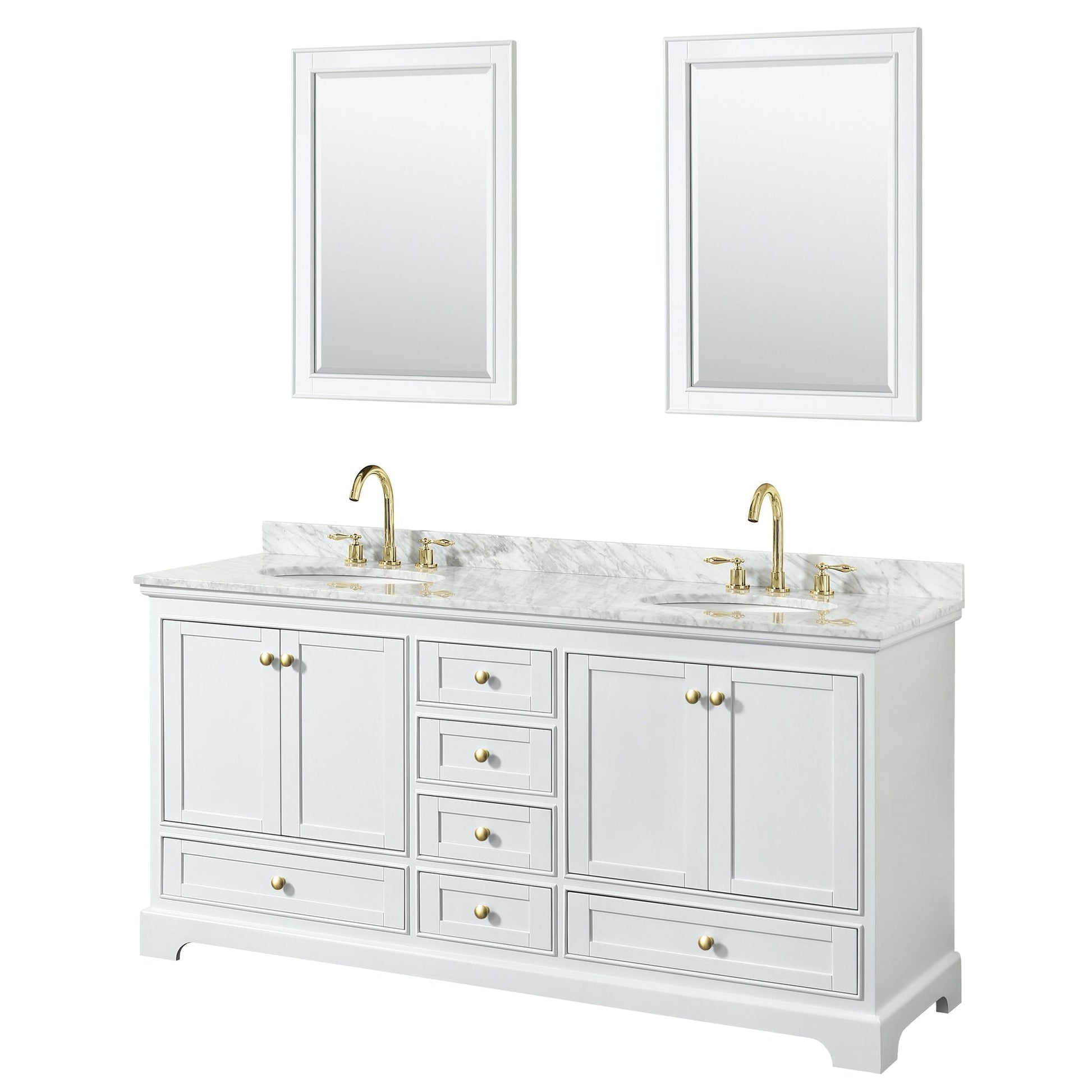 Wyndham Collection Deborah 72" Double Bathroom Vanity in White, White Carrara Marble Countertop, Undermount Oval Sinks, Brushed Gold Trim, 24" Mirror