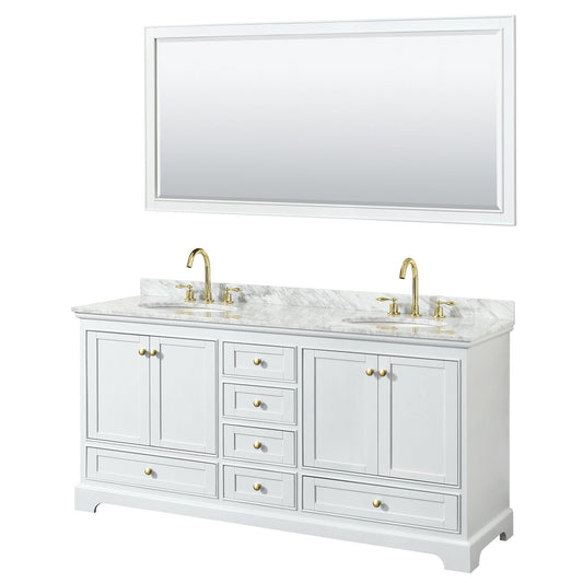 Wyndham Collection Deborah 72" Double Bathroom Vanity in White, White Carrara Marble Countertop, Undermount Oval Sinks, Brushed Gold Trim, 70" Mirror