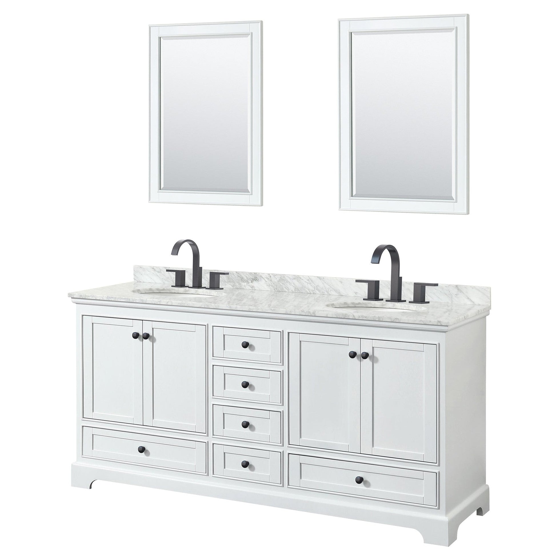 Wyndham Collection Deborah 72" Double Bathroom Vanity in White, White Carrara Marble Countertop, Undermount Oval Sinks, Matte Black Trim, 24" Mirrors