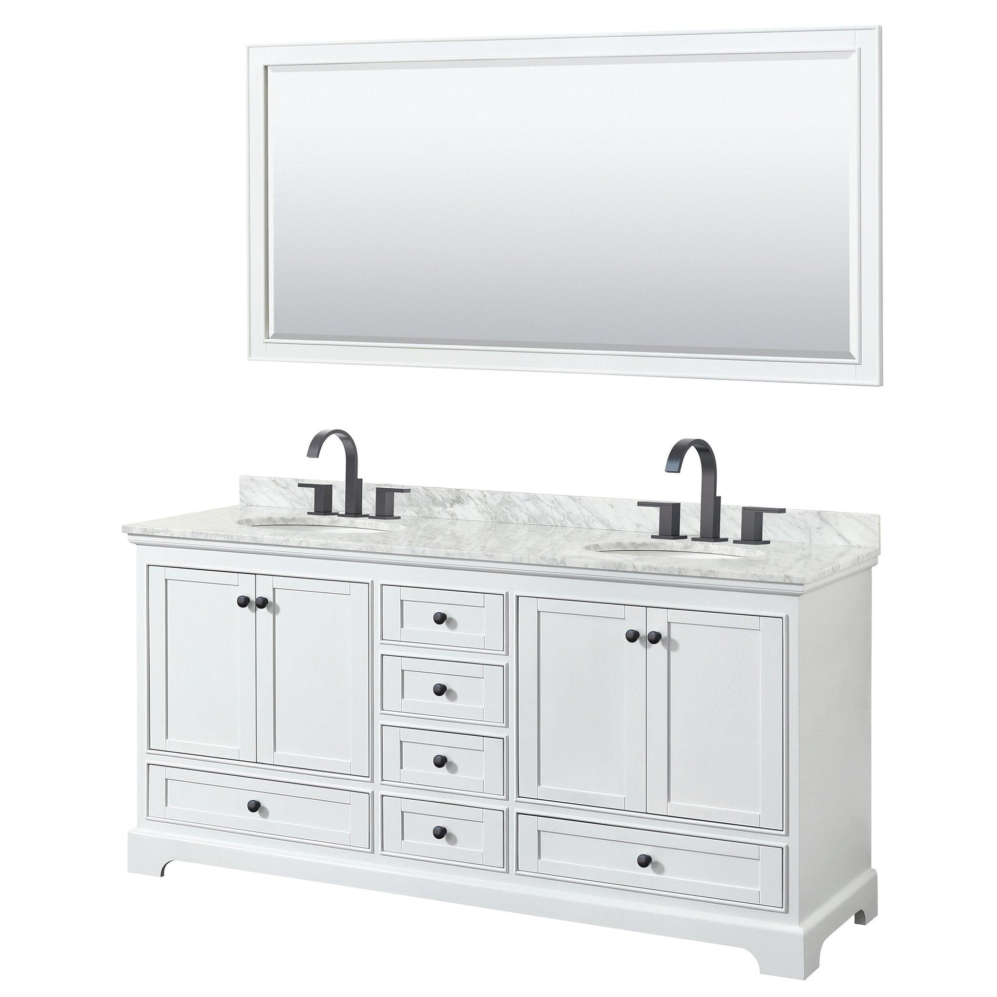 Wyndham Collection Deborah 72" Double Bathroom Vanity in White, White Carrara Marble Countertop, Undermount Oval Sinks, Matte Black Trim, 70" Mirror