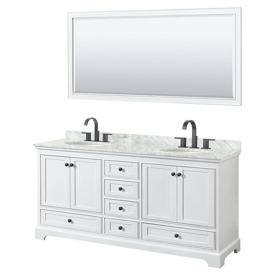 Wyndham Collection Deborah 72" Double Bathroom Vanity in White, White Carrara Marble Countertop, Undermount Oval Sinks, Matte Black Trim, 70" Mirror