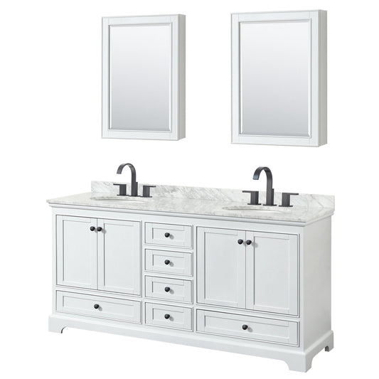 Wyndham Collection Deborah 72" Double Bathroom Vanity in White, White Carrara Marble Countertop, Undermount Oval Sinks, Matte Black Trim, Medicine Cabinets