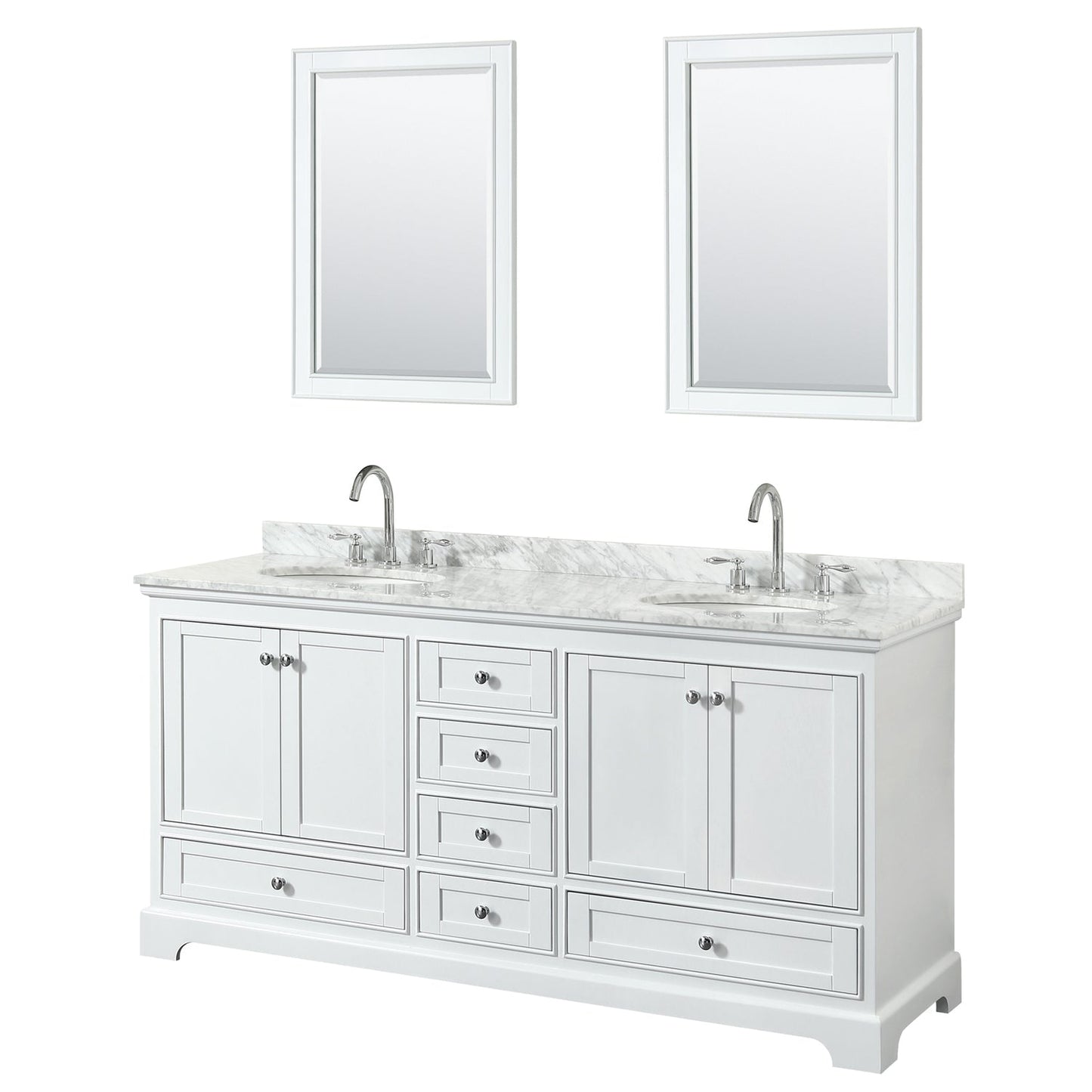 Wyndham Collection Deborah 72" Double Bathroom Vanity in White, White Carrara Marble Countertop, Undermount Oval Sinks, and 24" Mirror