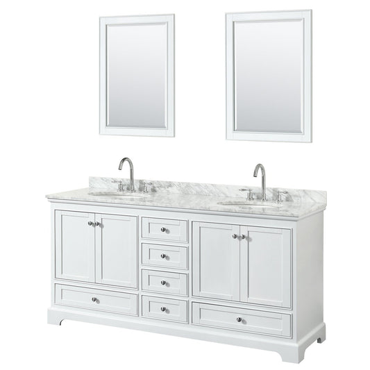 Wyndham Collection Deborah 72" Double Bathroom Vanity in White, White Carrara Marble Countertop, Undermount Oval Sinks, and 24" Mirror