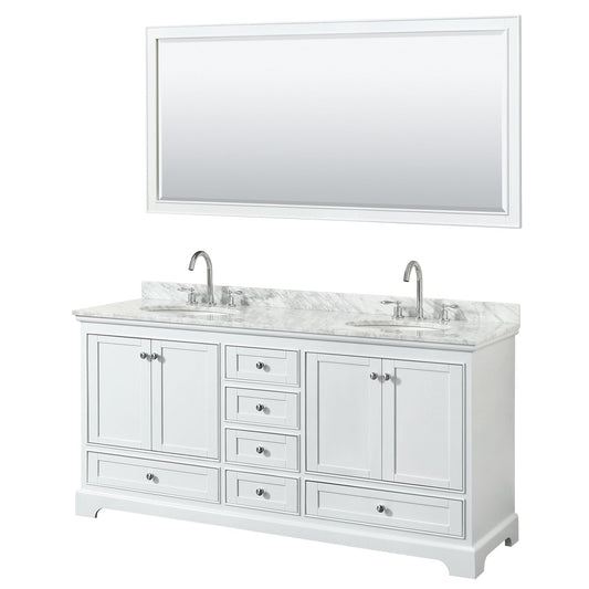 Wyndham Collection Deborah 72" Double Bathroom Vanity in White, White Carrara Marble Countertop, Undermount Oval Sinks, and 70" Mirror