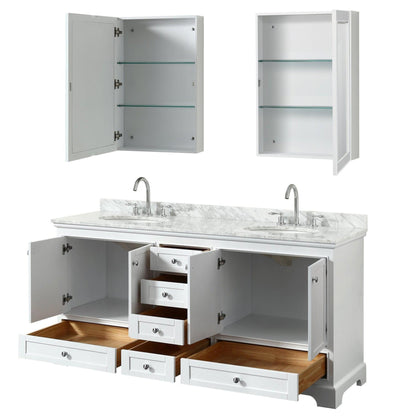 Wyndham Collection Deborah 72" Double Bathroom Vanity in White, White Carrara Marble Countertop, Undermount Oval Sinks, and Medicine Cabinet