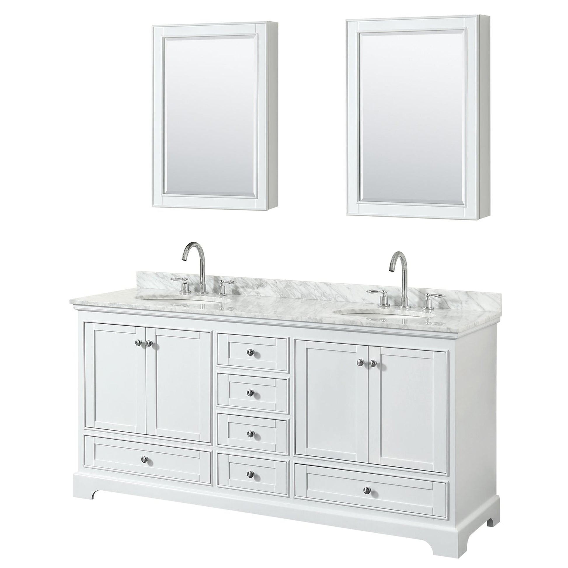 Wyndham Collection Deborah 72" Double Bathroom Vanity in White, White Carrara Marble Countertop, Undermount Oval Sinks, and Medicine Cabinet