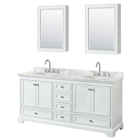 Wyndham Collection Deborah 72" Double Bathroom Vanity in White, White Carrara Marble Countertop, Undermount Oval Sinks, and Medicine Cabinet