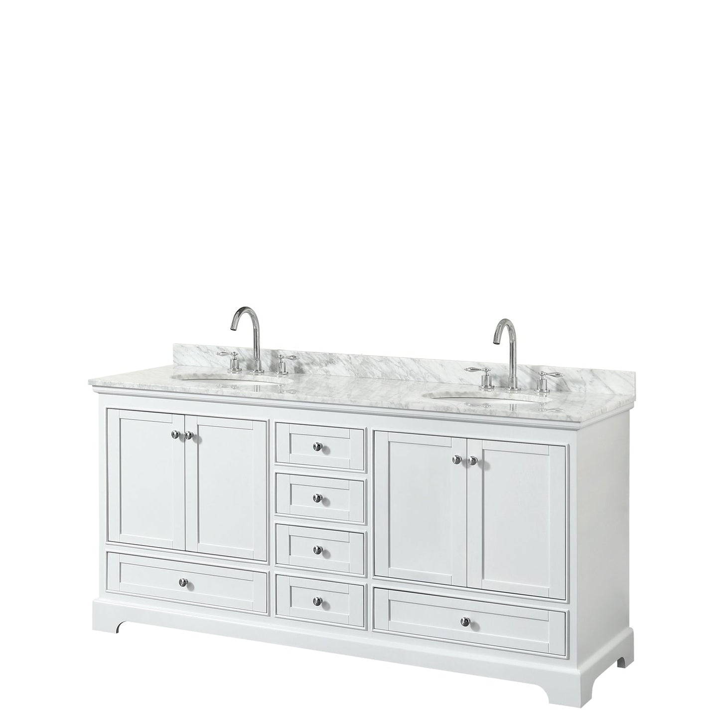 Wyndham Collection Deborah 72" Double Bathroom Vanity in White, White Carrara Marble Countertop, Undermount Oval Sinks, and No Mirror