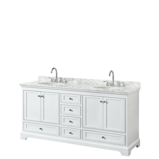 Wyndham Collection Deborah 72" Double Bathroom Vanity in White, White Carrara Marble Countertop, Undermount Oval Sinks, and No Mirror