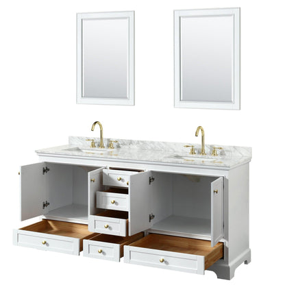 Wyndham Collection Deborah 72" Double Bathroom Vanity in White, White Carrara Marble Countertop, Undermount Square Sinks, Brushed Gold Trim, 24" Mirror