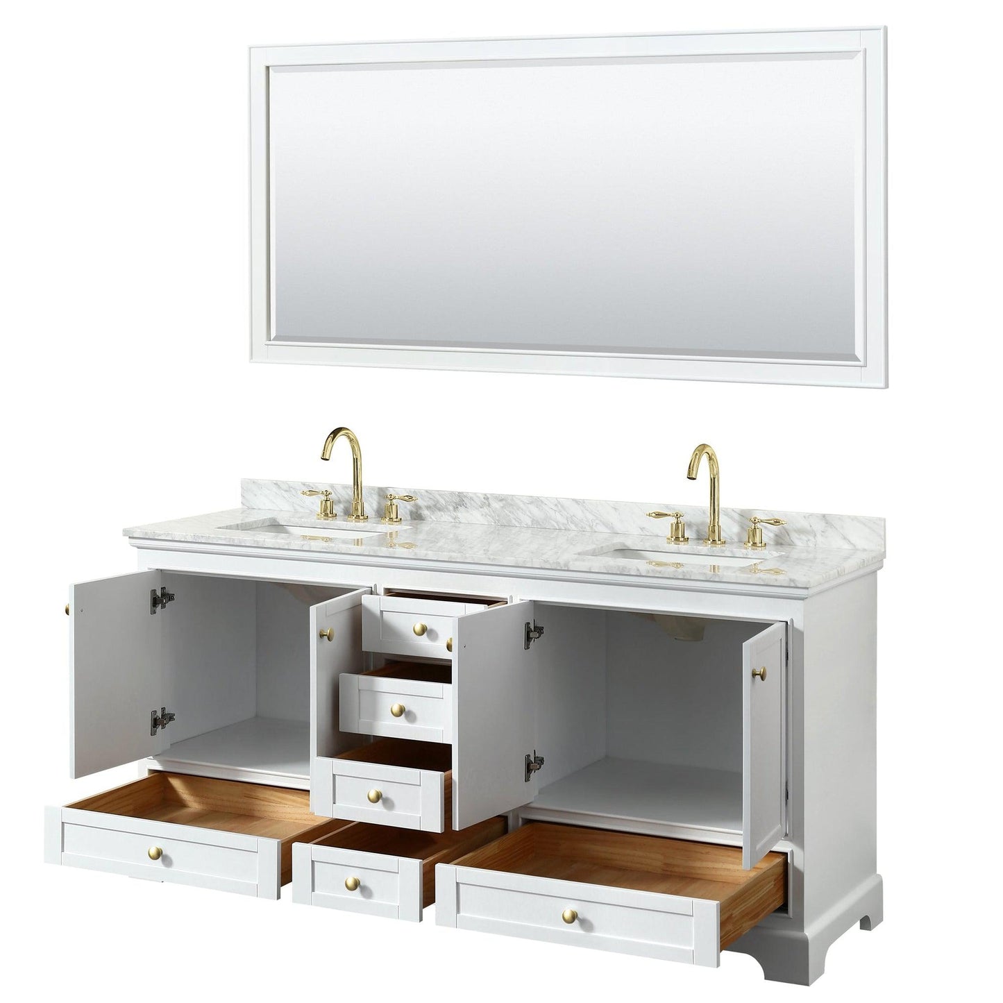 Wyndham Collection Deborah 72" Double Bathroom Vanity in White, White Carrara Marble Countertop, Undermount Square Sinks, Brushed Gold Trim, 70" Mirror