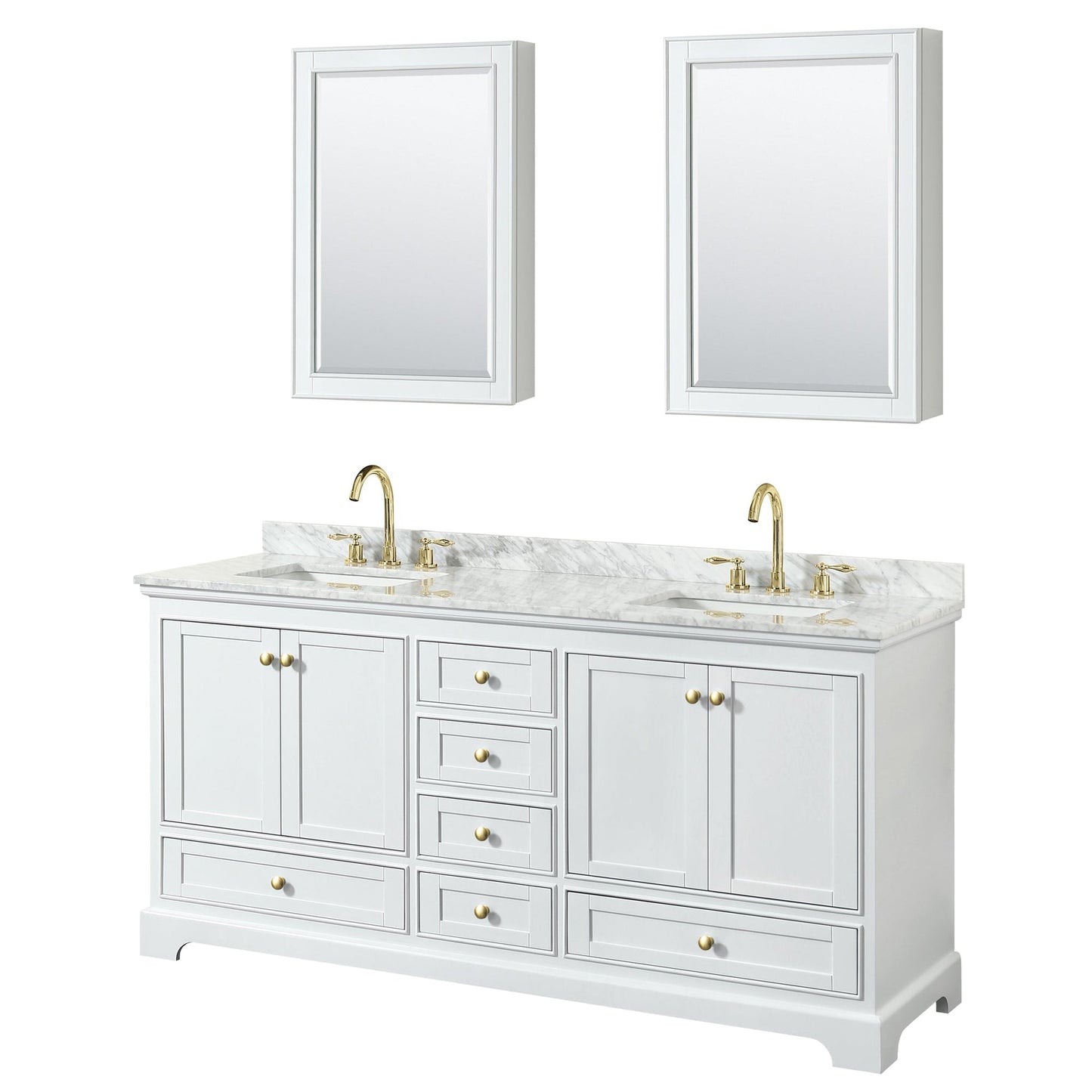 Wyndham Collection Deborah 72" Double Bathroom Vanity in White, White Carrara Marble Countertop, Undermount Square Sinks, Brushed Gold Trim, Medicine Cabinet