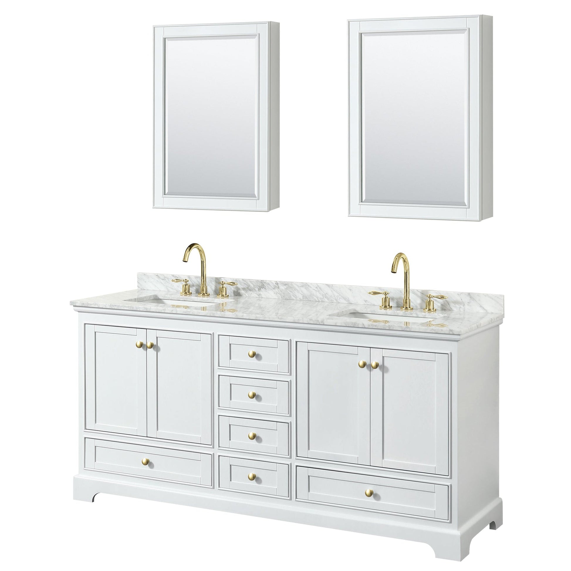 Wyndham Collection Deborah 72" Double Bathroom Vanity in White, White Carrara Marble Countertop, Undermount Square Sinks, Brushed Gold Trim, Medicine Cabinet