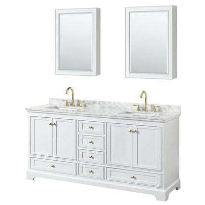 Wyndham Collection Deborah 72" Double Bathroom Vanity in White, White Carrara Marble Countertop, Undermount Square Sinks, Brushed Gold Trim, Medicine Cabinet
