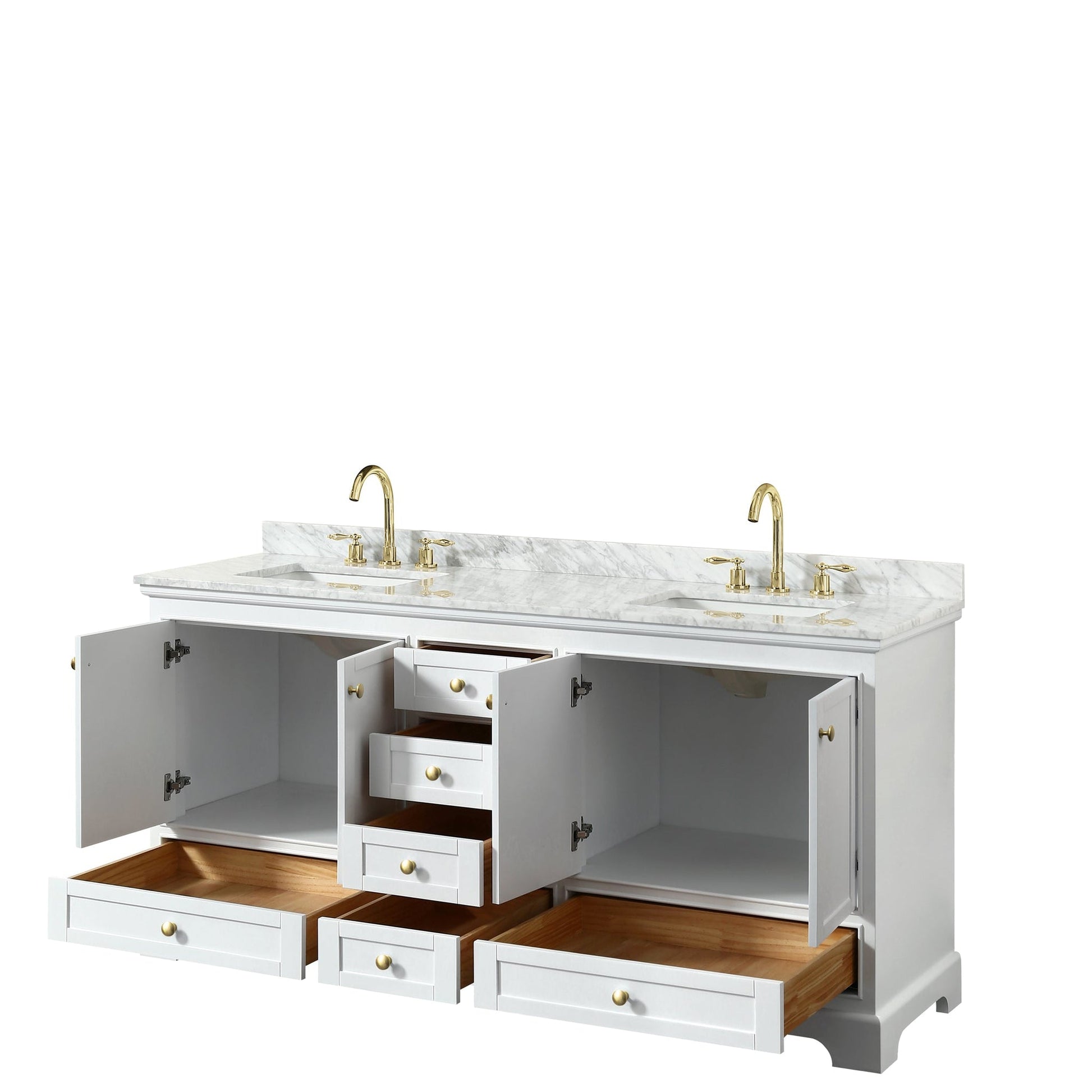 Wyndham Collection Deborah 72" Double Bathroom Vanity in White, White Carrara Marble Countertop, Undermount Square Sinks, Brushed Gold Trim, No Mirror