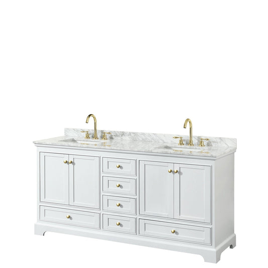 Wyndham Collection Deborah 72" Double Bathroom Vanity in White, White Carrara Marble Countertop, Undermount Square Sinks, Brushed Gold Trim, No Mirror