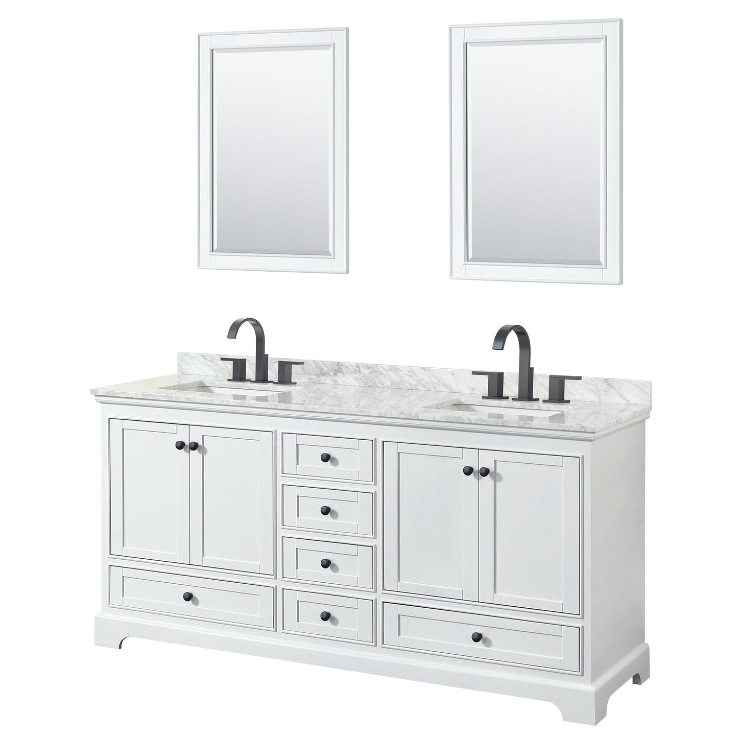 Wyndham Collection Deborah 72" Double Bathroom Vanity in White, White Carrara Marble Countertop, Undermount Square Sinks, Matte Black Trim, 24" Mirrors