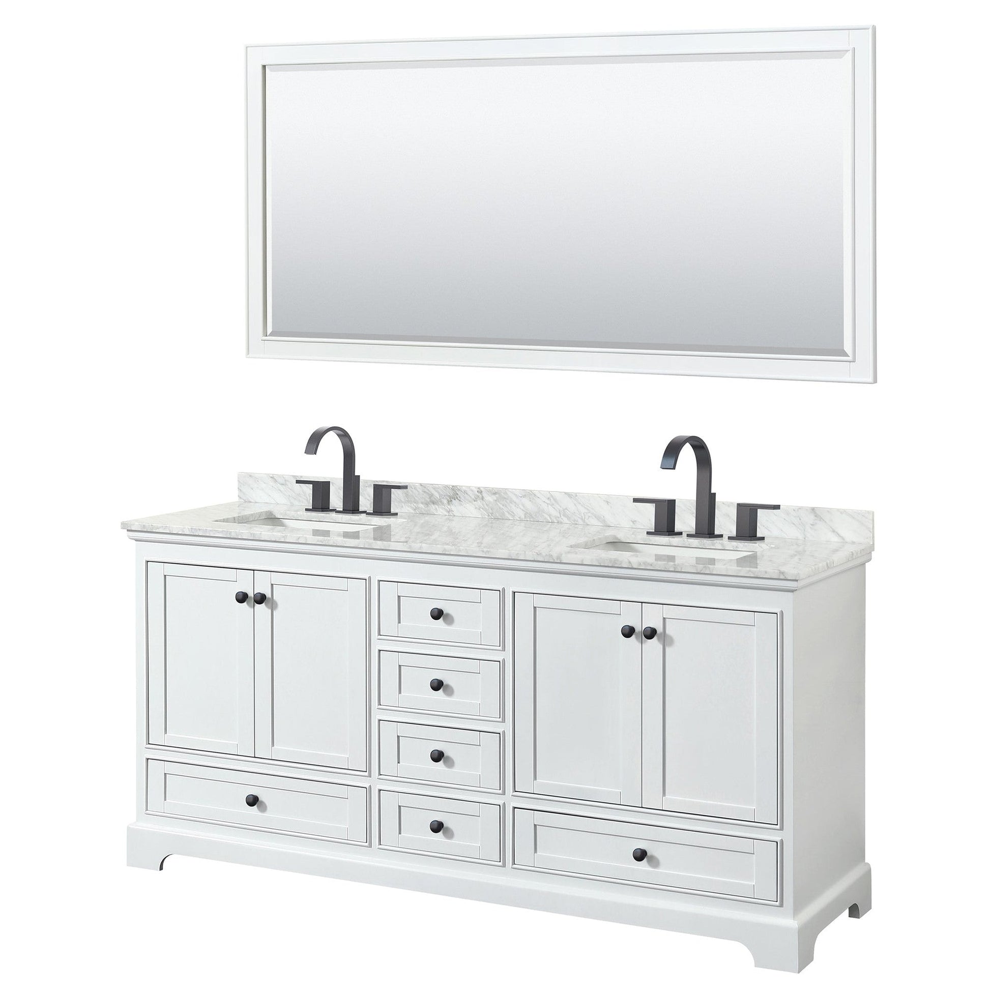 Wyndham Collection Deborah 72" Double Bathroom Vanity in White, White Carrara Marble Countertop, Undermount Square Sinks, Matte Black Trim, 70" Mirror