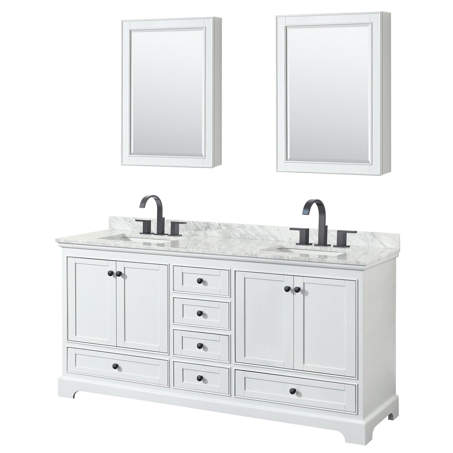 Wyndham Collection Deborah 72" Double Bathroom Vanity in White, White Carrara Marble Countertop, Undermount Square Sinks, Matte Black Trim, Medicine Cabinets