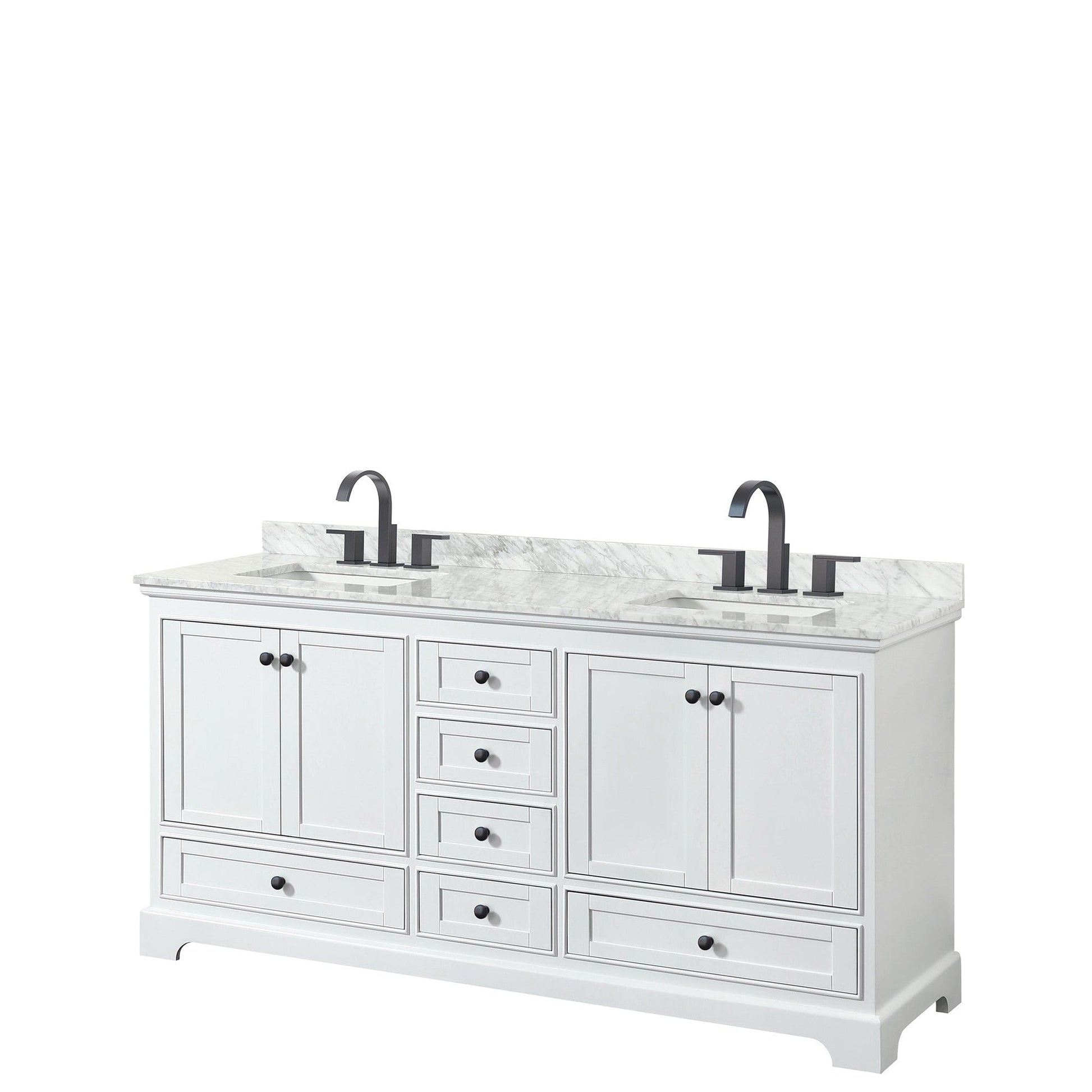 Wyndham Collection Deborah 72" Double Bathroom Vanity in White, White Carrara Marble Countertop, Undermount Square Sinks, Matte Black Trim
