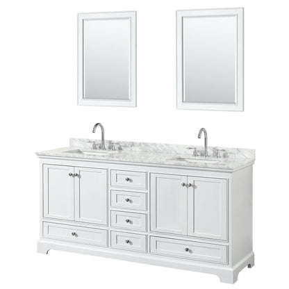Wyndham Collection Deborah 72" Double Bathroom Vanity in White, White Carrara Marble Countertop, Undermount Square Sinks, and 24" Mirror