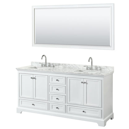 Wyndham Collection Deborah 72" Double Bathroom Vanity in White, White Carrara Marble Countertop, Undermount Square Sinks, and 70" Mirror