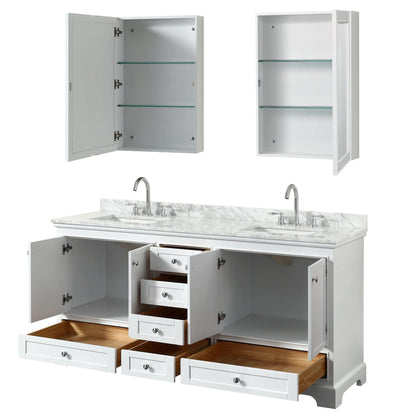 Wyndham Collection Deborah 72" Double Bathroom Vanity in White, White Carrara Marble Countertop, Undermount Square Sinks, and Medicine Cabinet
