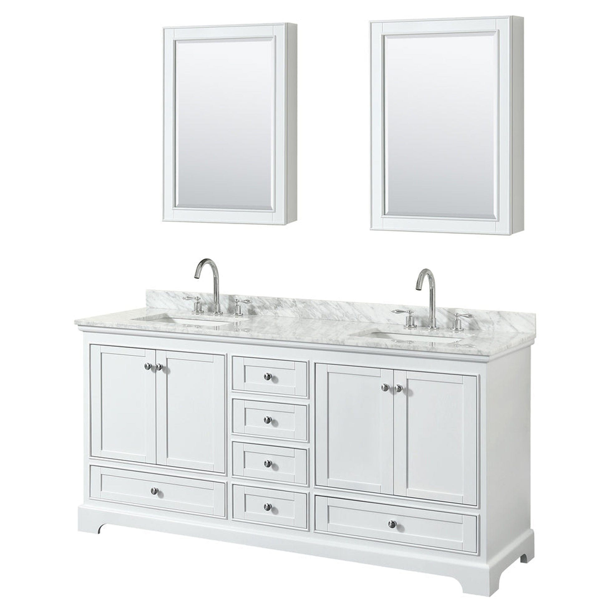 Wyndham Collection Deborah 72" Double Bathroom Vanity in White, White Carrara Marble Countertop, Undermount Square Sinks, and Medicine Cabinet