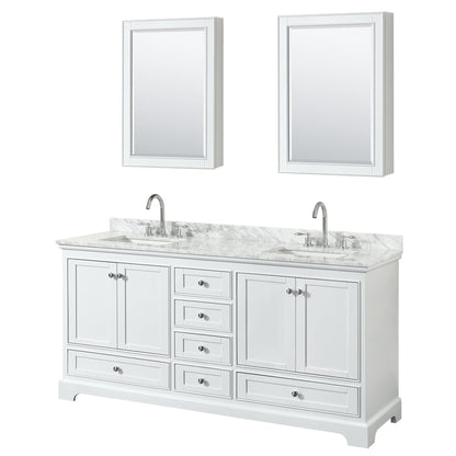 Wyndham Collection Deborah 72" Double Bathroom Vanity in White, White Carrara Marble Countertop, Undermount Square Sinks, and Medicine Cabinet