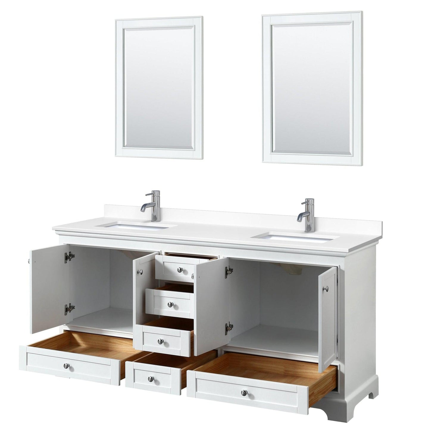 Wyndham Collection Deborah 72" Double Bathroom Vanity in White, White Cultured Marble Countertop, Undermount Square Sinks, 24" Mirror