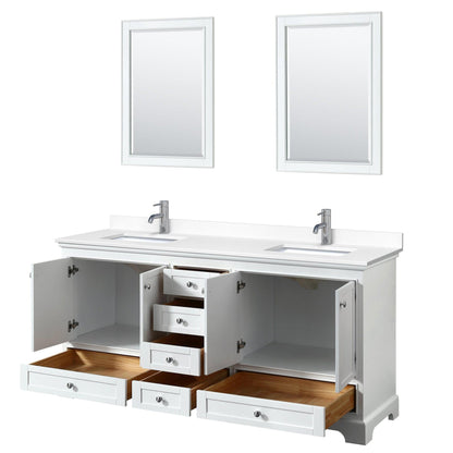 Wyndham Collection Deborah 72" Double Bathroom Vanity in White, White Cultured Marble Countertop, Undermount Square Sinks, 24" Mirror
