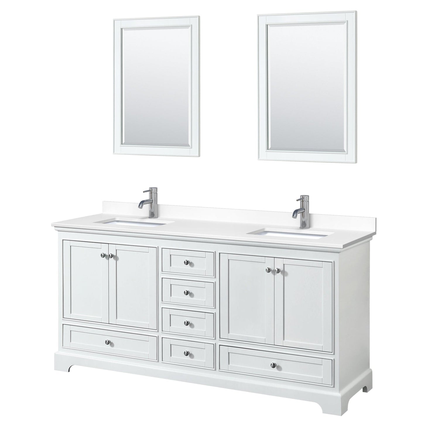 Wyndham Collection Deborah 72" Double Bathroom Vanity in White, White Cultured Marble Countertop, Undermount Square Sinks, 24" Mirror