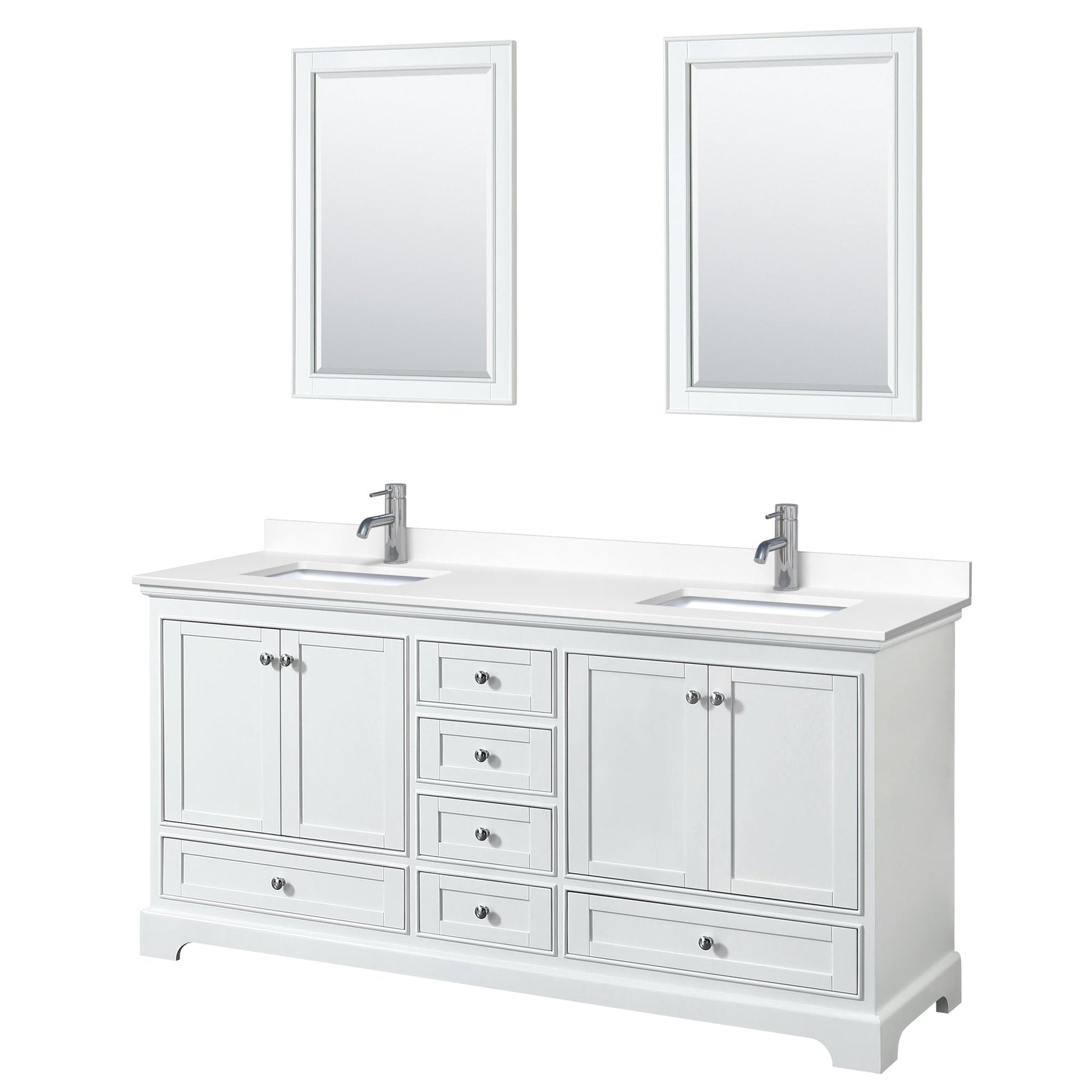 Wyndham Collection Deborah 72" Double Bathroom Vanity in White, White Cultured Marble Countertop, Undermount Square Sinks, 24" Mirror