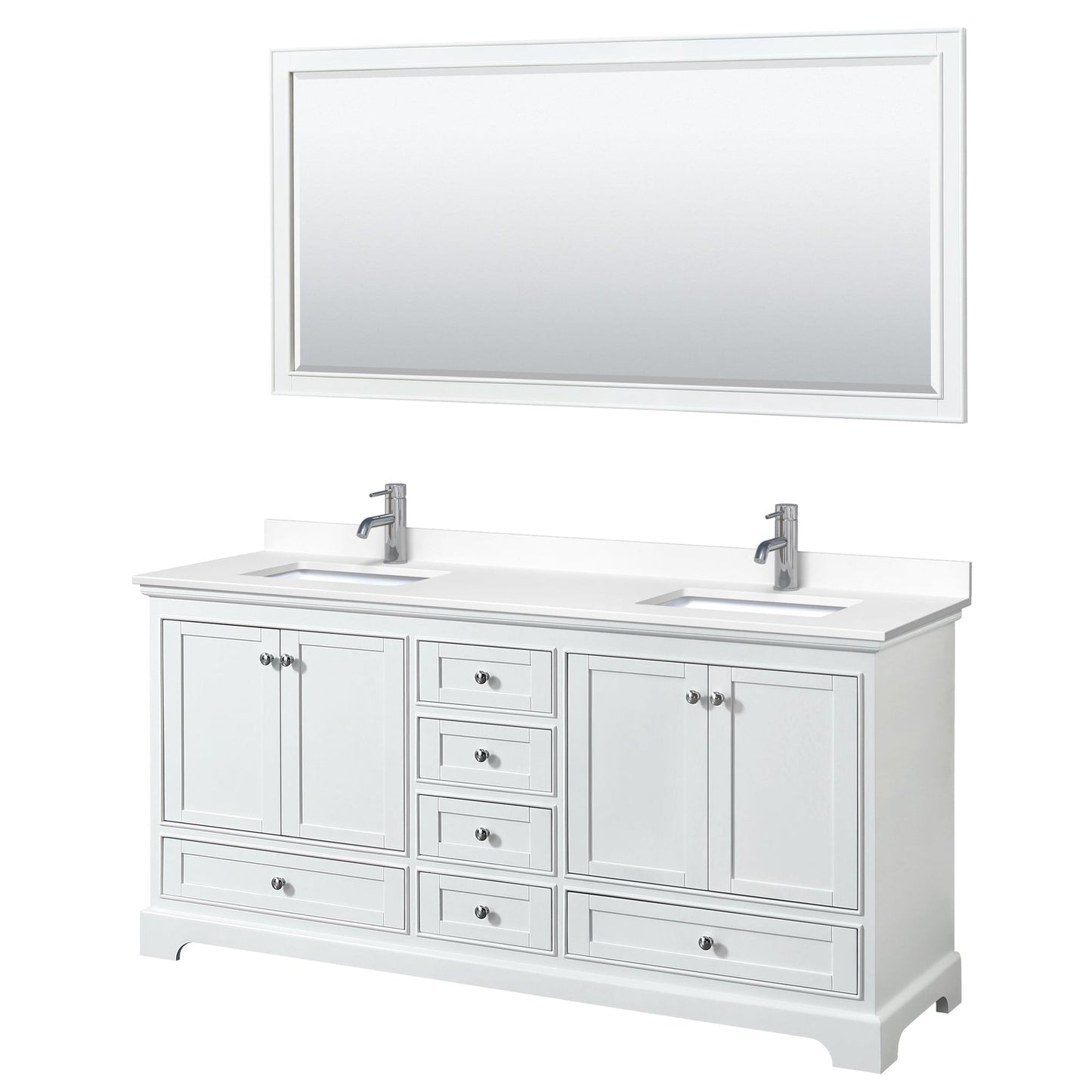 Wyndham Collection Deborah 72" Double Bathroom Vanity in White, White Cultured Marble Countertop, Undermount Square Sinks, 70" Mirror