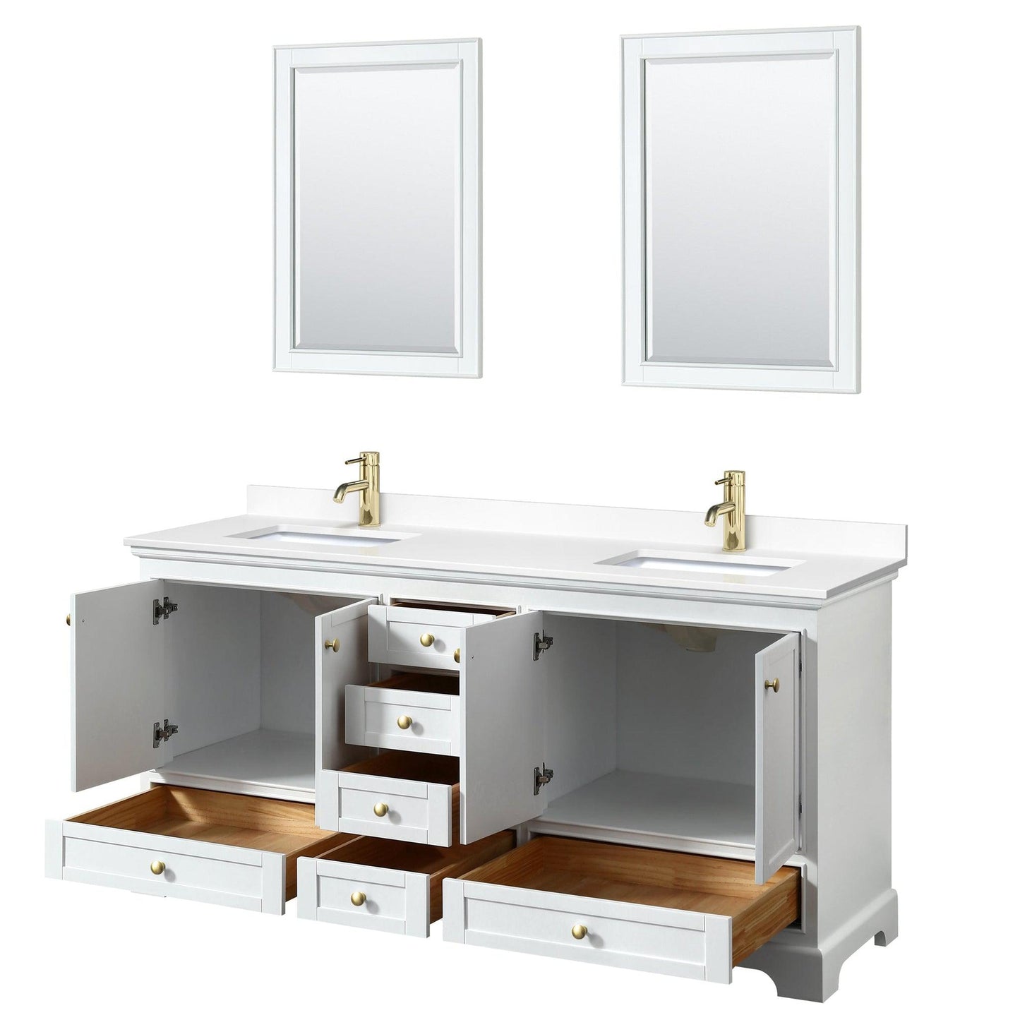 Wyndham Collection Deborah 72" Double Bathroom Vanity in White, White Cultured Marble Countertop, Undermount Square Sinks, Brushed Gold Trim, 24" Mirror