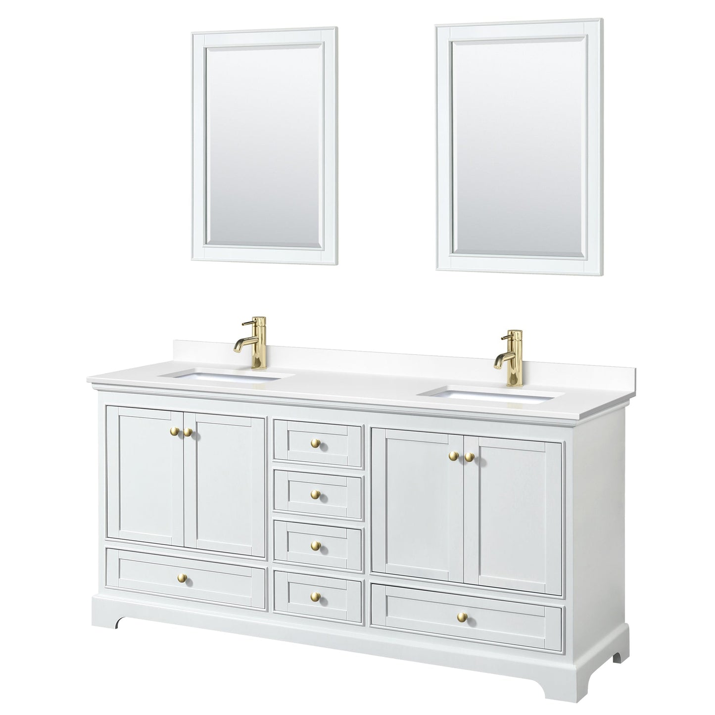 Wyndham Collection Deborah 72" Double Bathroom Vanity in White, White Cultured Marble Countertop, Undermount Square Sinks, Brushed Gold Trim, 24" Mirror