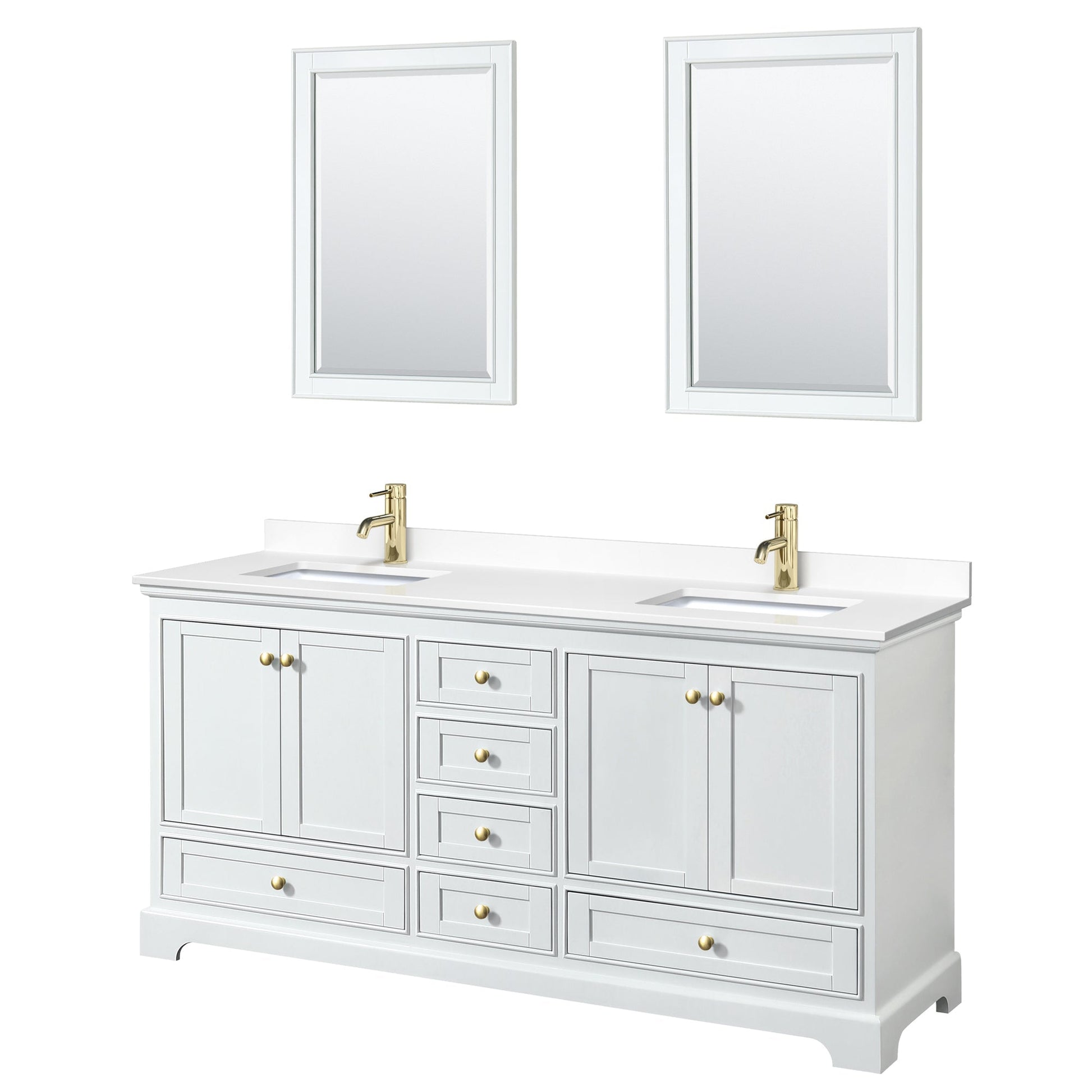 Wyndham Collection Deborah 72" Double Bathroom Vanity in White, White Cultured Marble Countertop, Undermount Square Sinks, Brushed Gold Trim, 24" Mirror