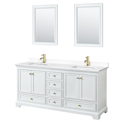 Wyndham Collection Deborah 72" Double Bathroom Vanity in White, White Cultured Marble Countertop, Undermount Square Sinks, Brushed Gold Trim, 24" Mirror