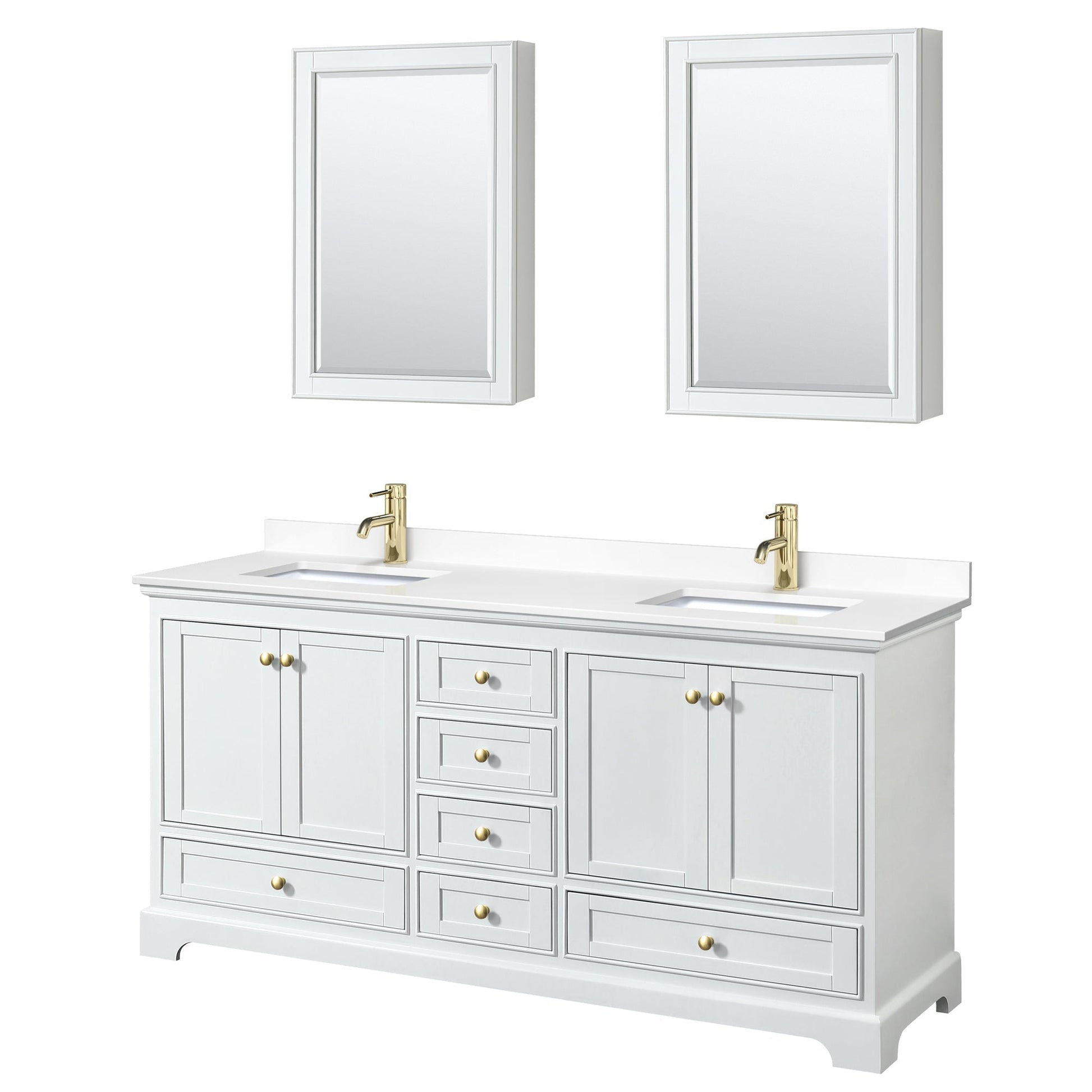 Wyndham Collection Deborah 72" Double Bathroom Vanity in White, White Cultured Marble Countertop, Undermount Square Sinks, Brushed Gold Trim, Medicine Cabinet