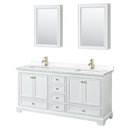 Wyndham Collection Deborah 72" Double Bathroom Vanity in White, White Cultured Marble Countertop, Undermount Square Sinks, Brushed Gold Trim, Medicine Cabinet