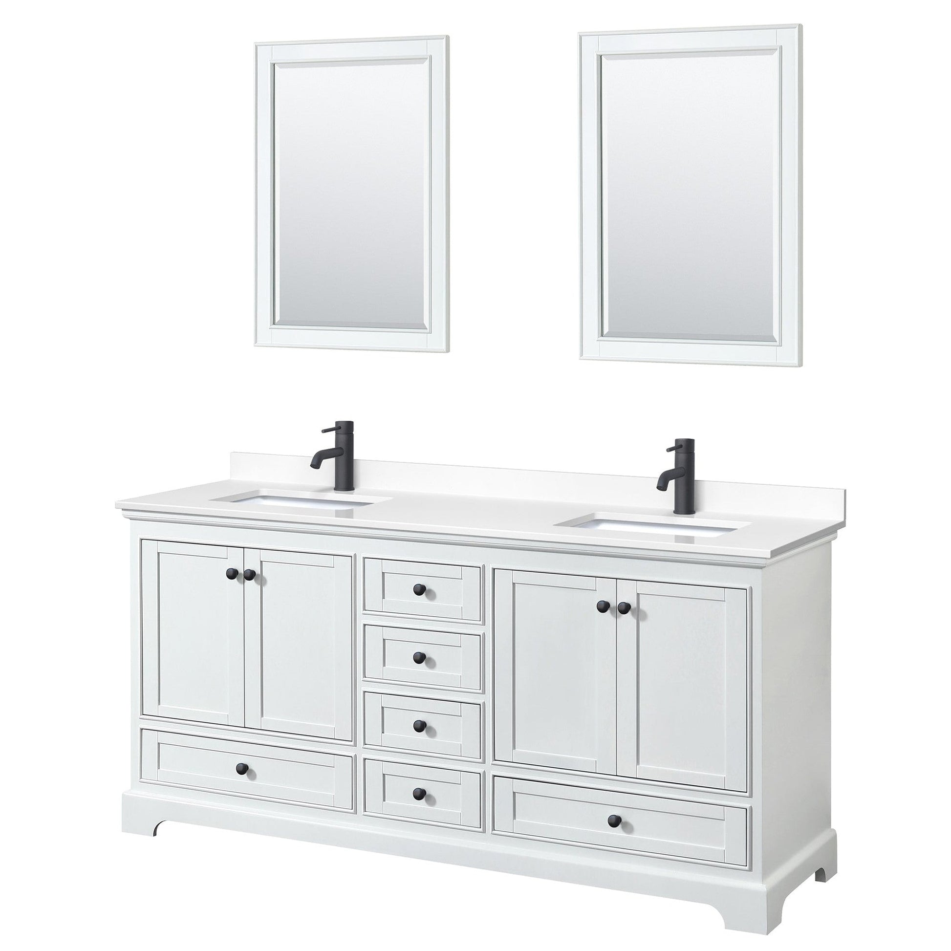 Wyndham Collection Deborah 72" Double Bathroom Vanity in White, White Cultured Marble Countertop, Undermount Square Sinks, Matte Black Trim, 24" Mirrors