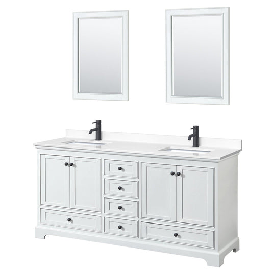 Wyndham Collection Deborah 72" Double Bathroom Vanity in White, White Cultured Marble Countertop, Undermount Square Sinks, Matte Black Trim, 24" Mirrors