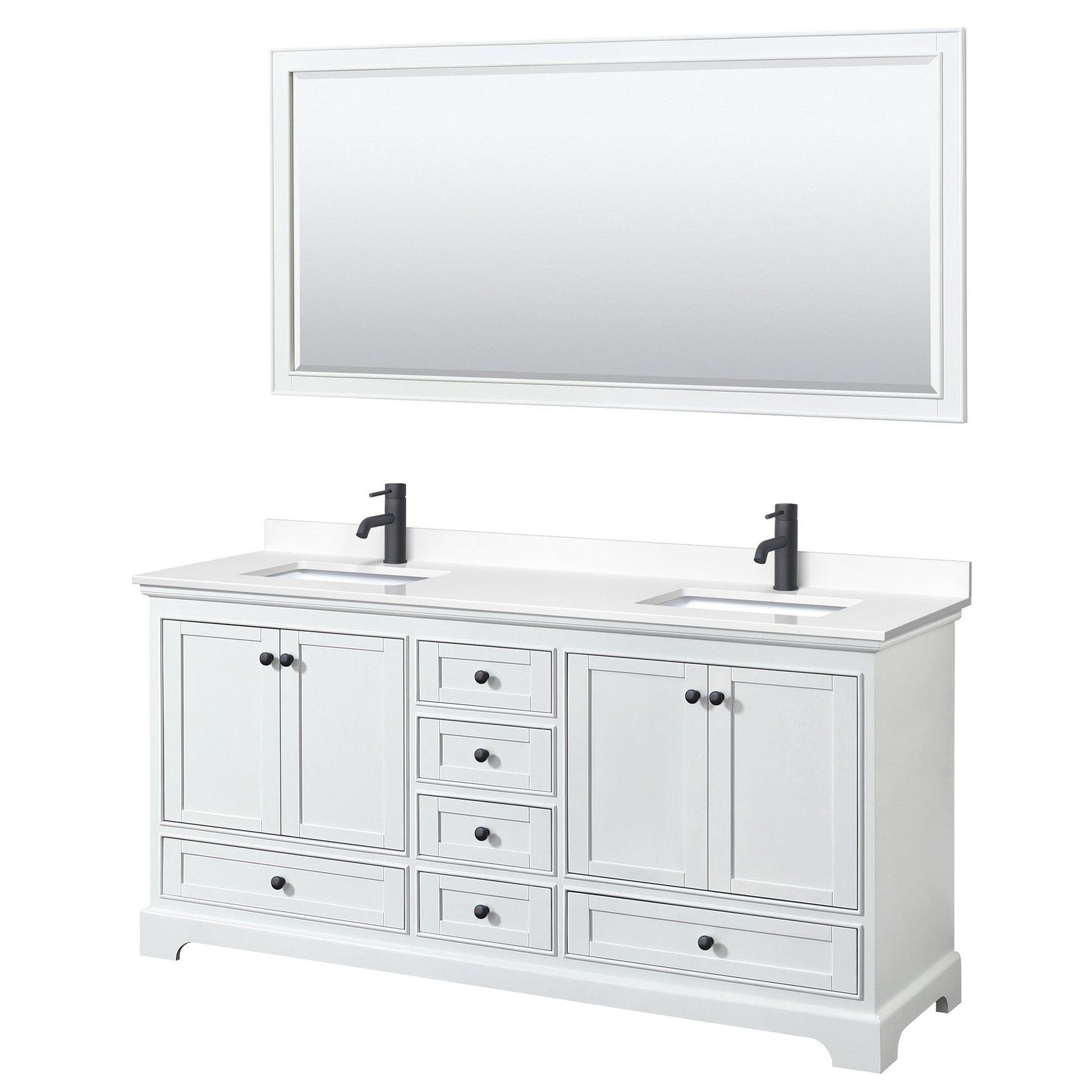 Wyndham Collection Deborah 72" Double Bathroom Vanity in White, White Cultured Marble Countertop, Undermount Square Sinks, Matte Black Trim, 70" Mirror