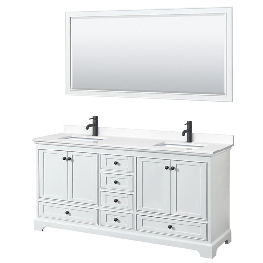Wyndham Collection Deborah 72" Double Bathroom Vanity in White, White Cultured Marble Countertop, Undermount Square Sinks, Matte Black Trim, 70" Mirror