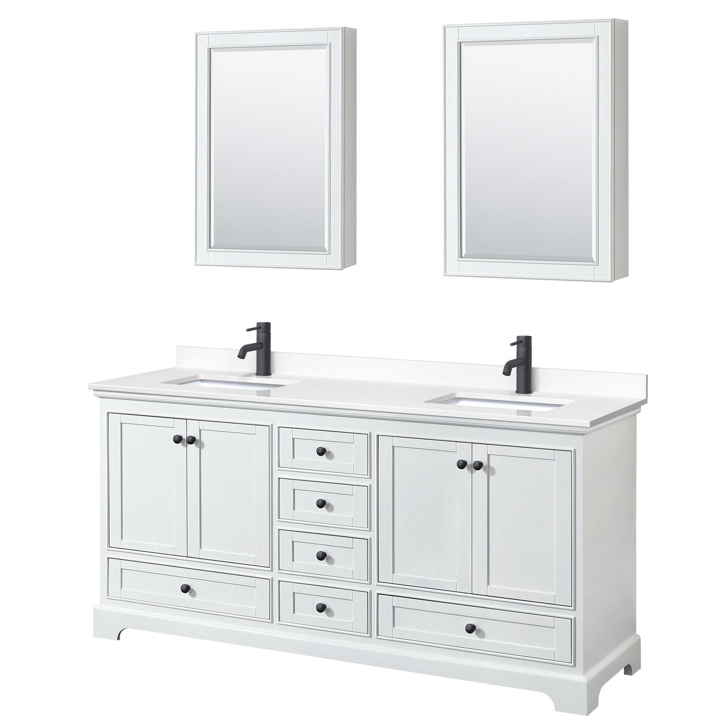 Wyndham Collection Deborah 72" Double Bathroom Vanity in White, White Cultured Marble Countertop, Undermount Square Sinks, Matte Black Trim, Medicine Cabinets