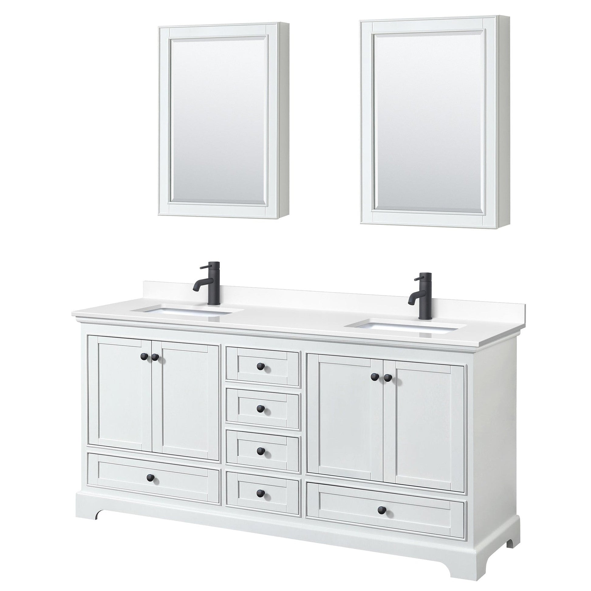Wyndham Collection Deborah 72" Double Bathroom Vanity in White, White Cultured Marble Countertop, Undermount Square Sinks, Matte Black Trim, Medicine Cabinets