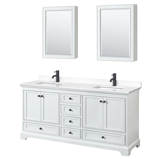 Wyndham Collection Deborah 72" Double Bathroom Vanity in White, White Cultured Marble Countertop, Undermount Square Sinks, Matte Black Trim, Medicine Cabinets